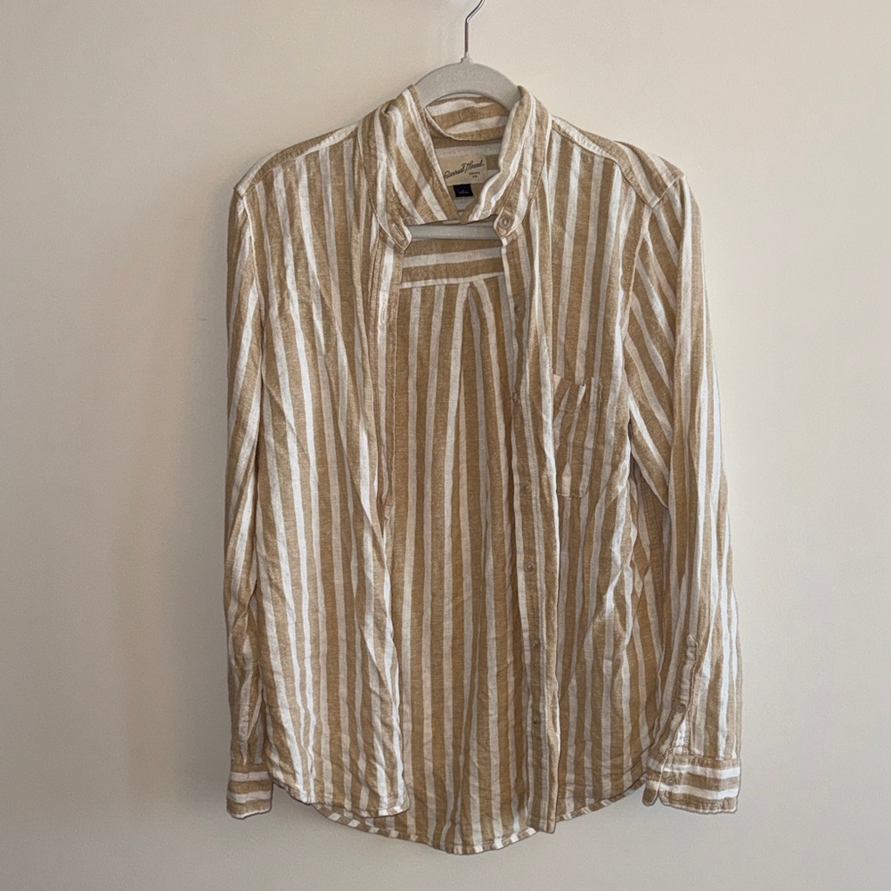 Striped Tan and White Button Up Shirt